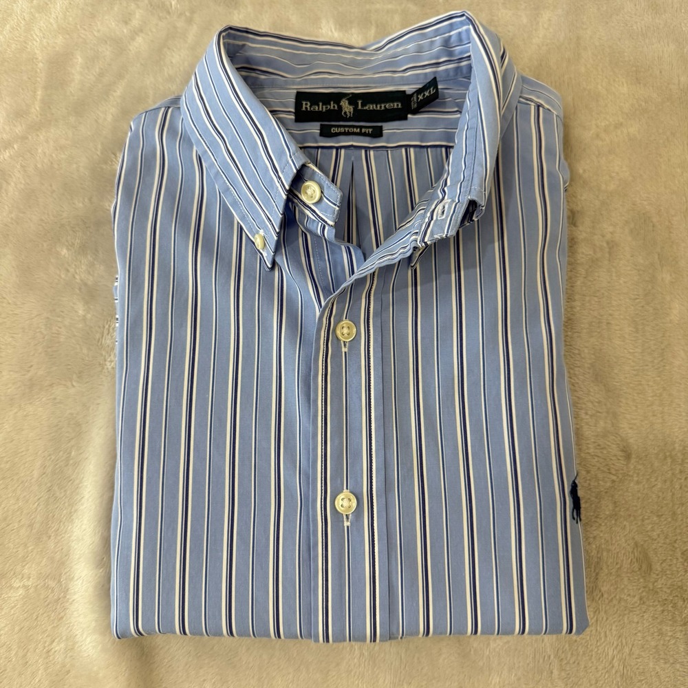 Ralph Lauren Custom Fit XXL Blue Striped Button Down Dress Shirt‎